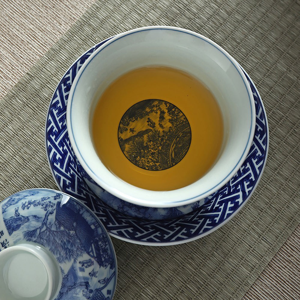 Gaiwan Blue White Porcelain Red Underglaze Magpie, 180ml