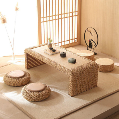 Rattan Tea Table Set Japanese Low Floor Table & 4 Tatami Seats