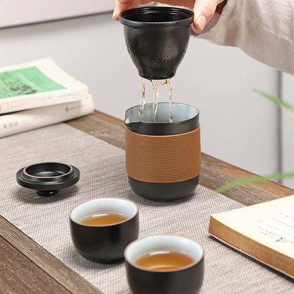 Travel Tea Set Black Ceramic With Handbag 6-Piece