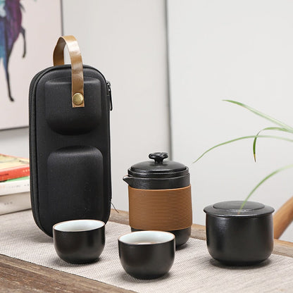 Travel Tea Set Black Ceramic With Handbag 6-Piece