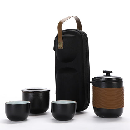 Travel Tea Set Black Ceramic With Handbag 6-Piece