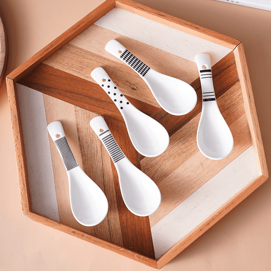 Ceramic Chopsticks & Spoon Set of 5 with Rice Paddle Shamoji