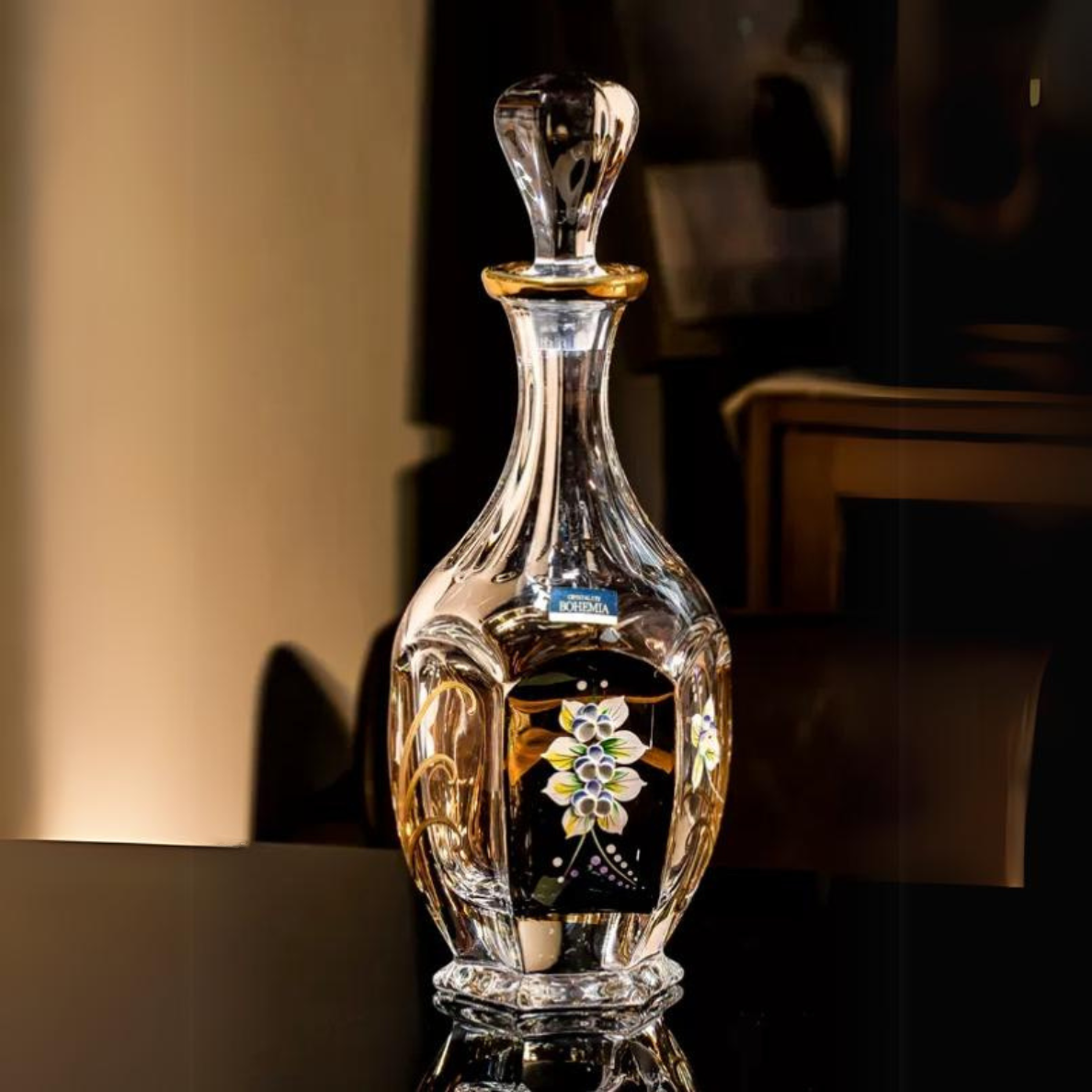 Wine Glass Decanter Set Bohemia Gold Enamel Floral Czech Crystal Wine Glass Decanter High Stem Gift Box