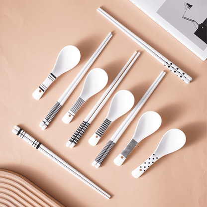 Ceramic Chopsticks & Spoon Set of 5 with Rice Paddle Shamoji