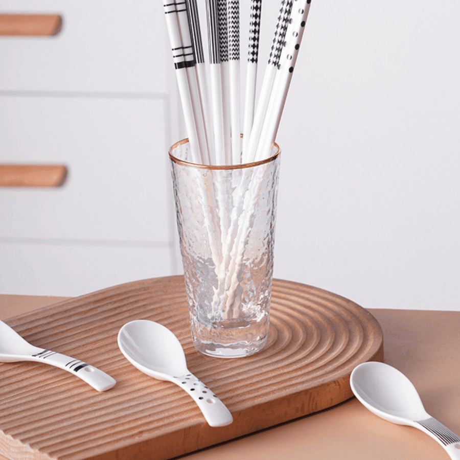 Ceramic Chopsticks & Spoon Set of 5 with Rice Paddle Shamoji