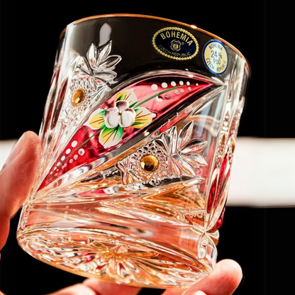 Whisky Glasses Bohemia Floral Enamel Crystal Hand-Painted Gold Gilt Czech Crystal Whisky Glass Gift Set of 2