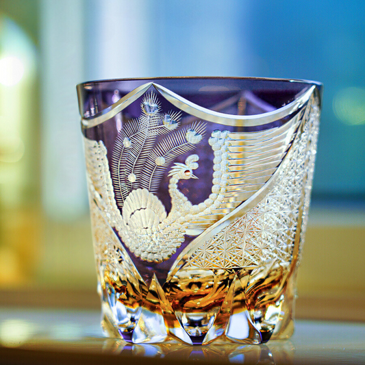 Whiskey Glass Edo Kiriko Handcrafted Dancing Phoenix with Wooden Gift Box
