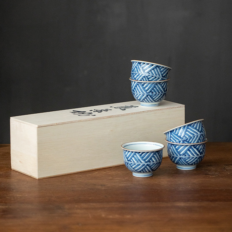 Tea Cup Set of 5 – Hasami Ware Ruriei no Tori Blue Glaze