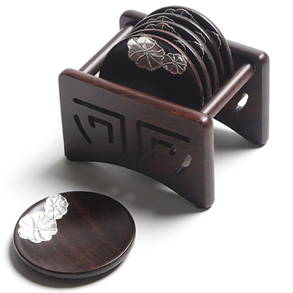 Ebony Wood Coaster Set Silver Lotus 6-Piece with Holder