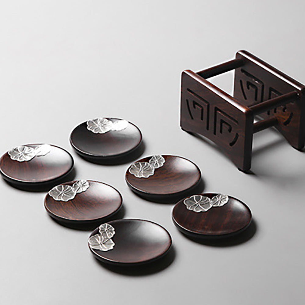 Ebony Wood Coaster Set Silver Lotus 6-Piece with Holder