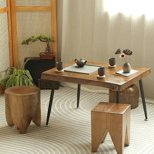 Wood Tea Table Set with 3 Chairs – Cast Iron Tray & Pine Top