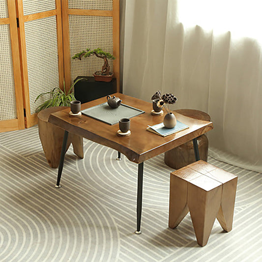 Wood Tea Table Set with 3 Chairs – Cast Iron Tray & Pine Top