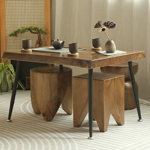 Wood Tea Table Set with 3 Chairs – Cast Iron Tray & Pine Top