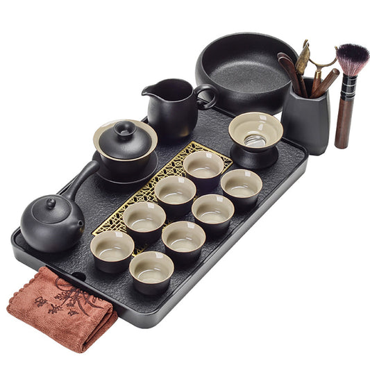Gongfu Tea Set Black Pottery Slate Tray 15-Piece Serves 8