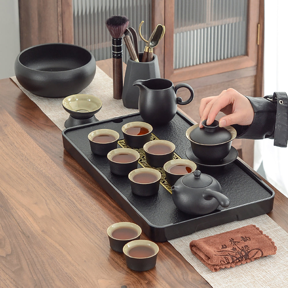 Gongfu Tea Set Black Pottery Slate Tray 15-Piece Serves 8