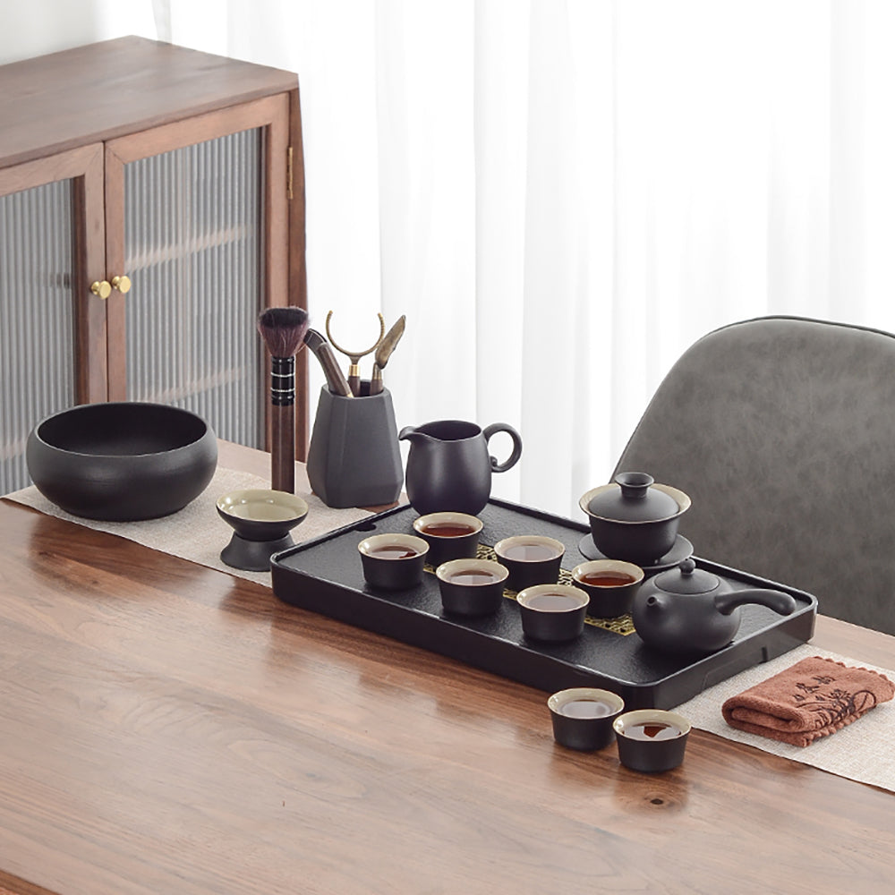 Gongfu Tea Set Black Pottery Slate Tray 15-Piece Serves 8