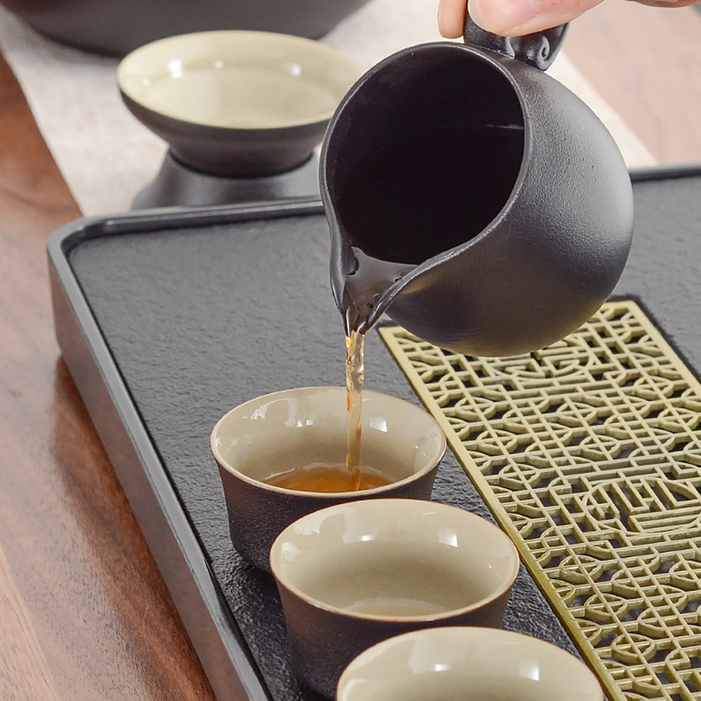 Gongfu Tea Set Black Pottery Slate Tray 15-Piece Serves 8