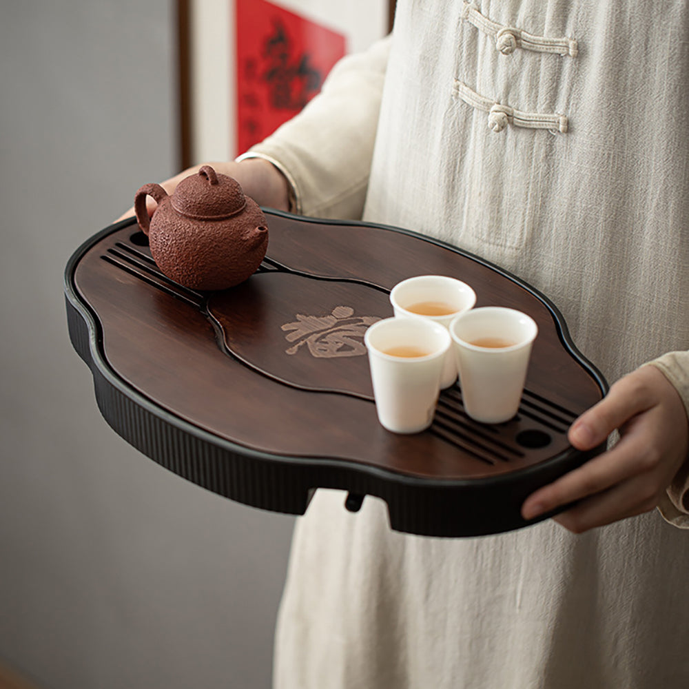 Bamboo Tea Tray Gongfu Drainage Fortune Carved Walnut 37cm