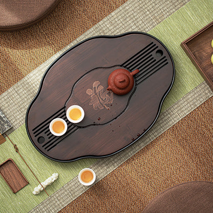 Bamboo Tea Tray Gongfu Drainage Fortune Carved Walnut 37cm