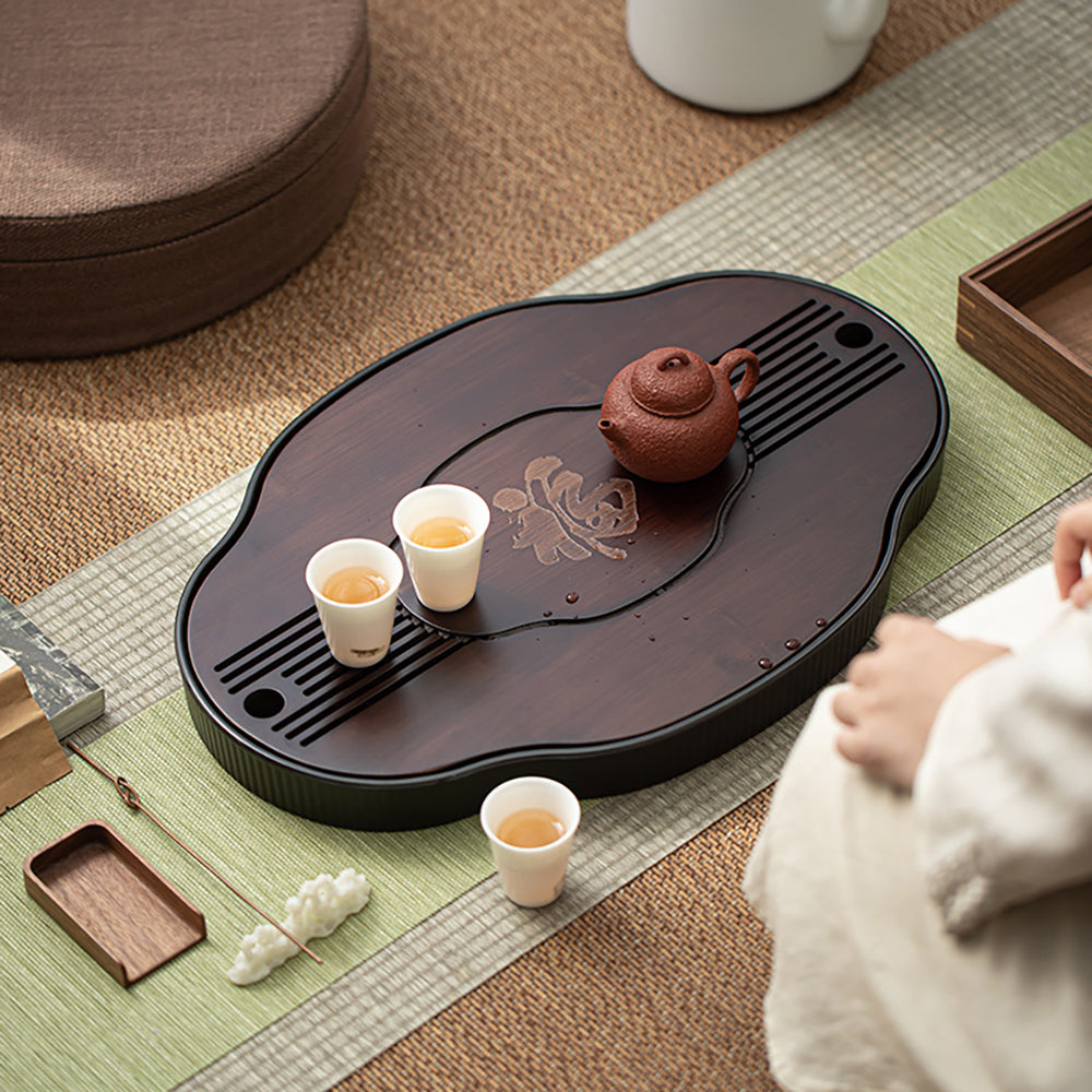 Bamboo Tea Tray Gongfu Drainage Fortune Carved Walnut 37cm