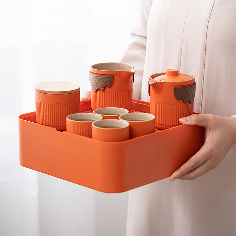 Portable Kung Fu Tea Set Orange Stoneware Gongfu