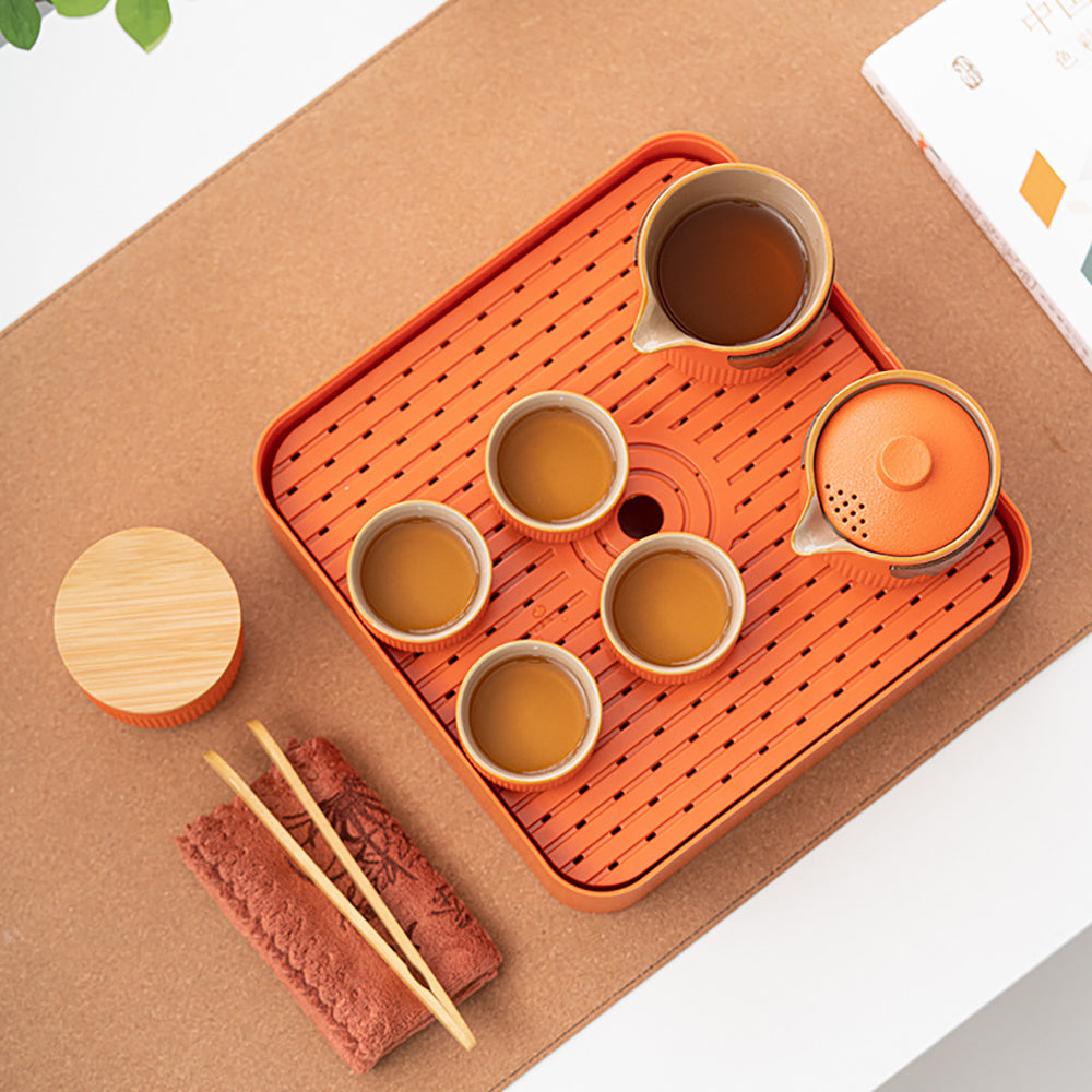 Portable Kung Fu Tea Set Orange Stoneware Gongfu