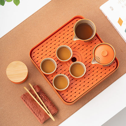 Portable Kung Fu Tea Set Orange Stoneware Gongfu