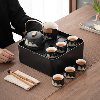 Portable Ceramic Tea Set for 6 – Japanese Style with Tray