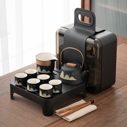 Portable Ceramic Tea Set for 6 – Japanese Style with Tray