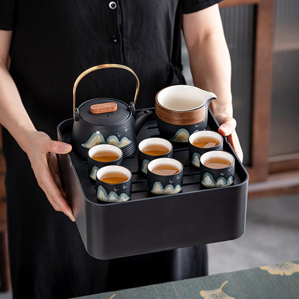 Portable Ceramic Tea Set for 6 – Japanese Style with Tray