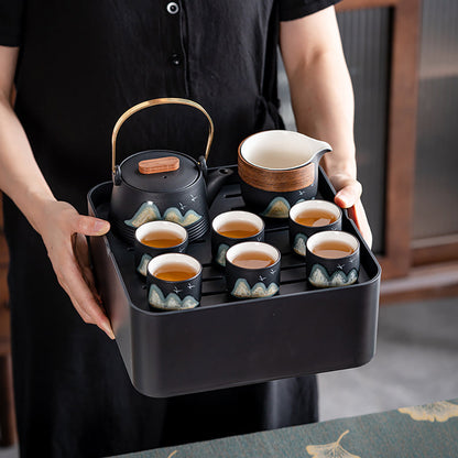 Portable Ceramic Tea Set for 6 – Japanese Style with Tray