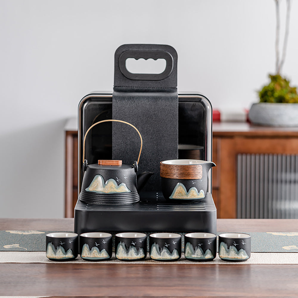 Portable Ceramic Tea Set for 6 – Japanese Style with Tray
