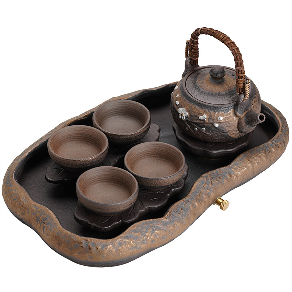 Wabi-Sabi Stone Pottery Tea Set | Lotus Tray Zen 6-Piece