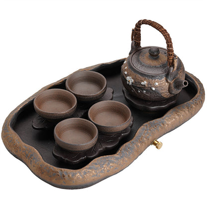 Wabi-Sabi Stone Pottery Tea Set | Lotus Tray Zen 6-Piece