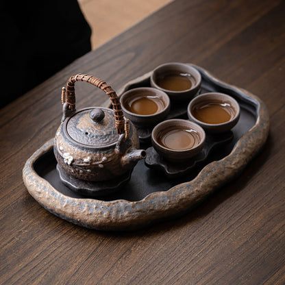 Wabi-Sabi Stone Pottery Tea Set | Lotus Tray Zen 6-Piece