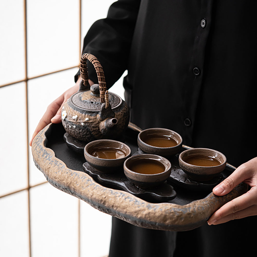 Wabi-Sabi Stone Pottery Tea Set | Lotus Tray Zen 6-Piece