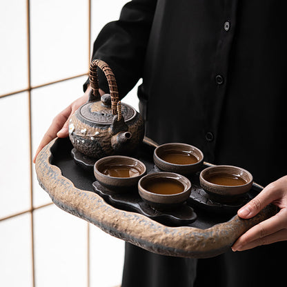 Wabi-Sabi Stone Pottery Tea Set | Lotus Tray Zen 6-Piece