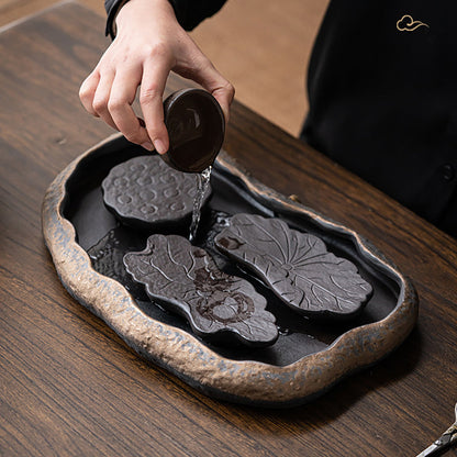 Wabi-Sabi Stone Pottery Tea Set | Lotus Tray Zen 6-Piece
