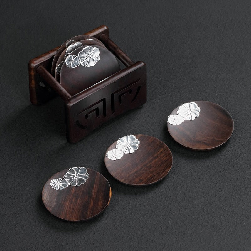 Ebony Wood Coaster Set Silver Lotus 6-Piece with Holder