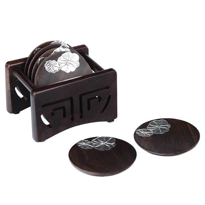 Ebony Wood Coaster Set Silver Lotus 6-Piece with Holder
