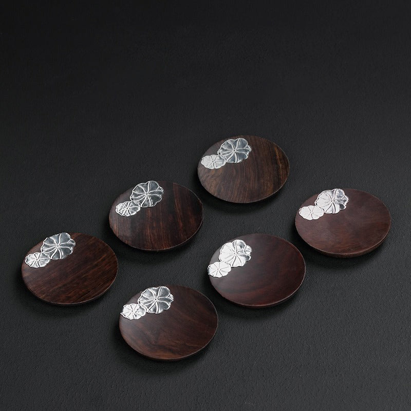 Ebony Wood Coaster Set Silver Lotus 6-Piece with Holder