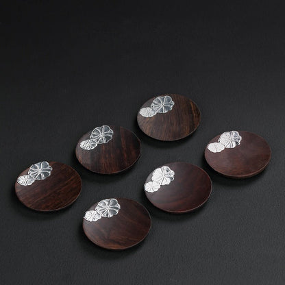 Ebony Wood Coaster Set Silver Lotus 6-Piece with Holder