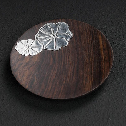 Ebony Wood Coaster Set Silver Lotus 6-Piece with Holder