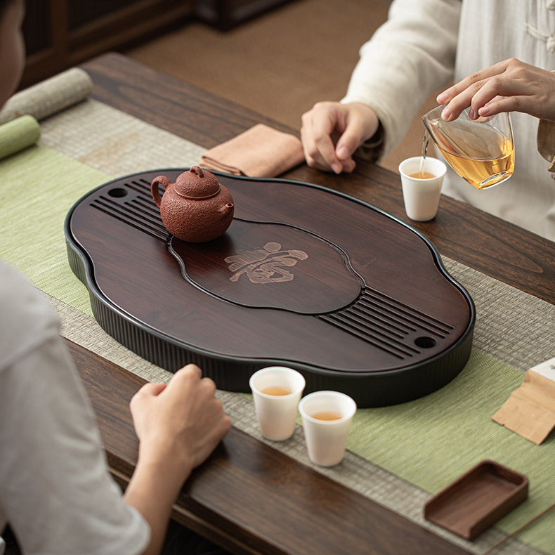 Bamboo Tea Tray Gongfu Drainage Fortune Carved Walnut 37cm