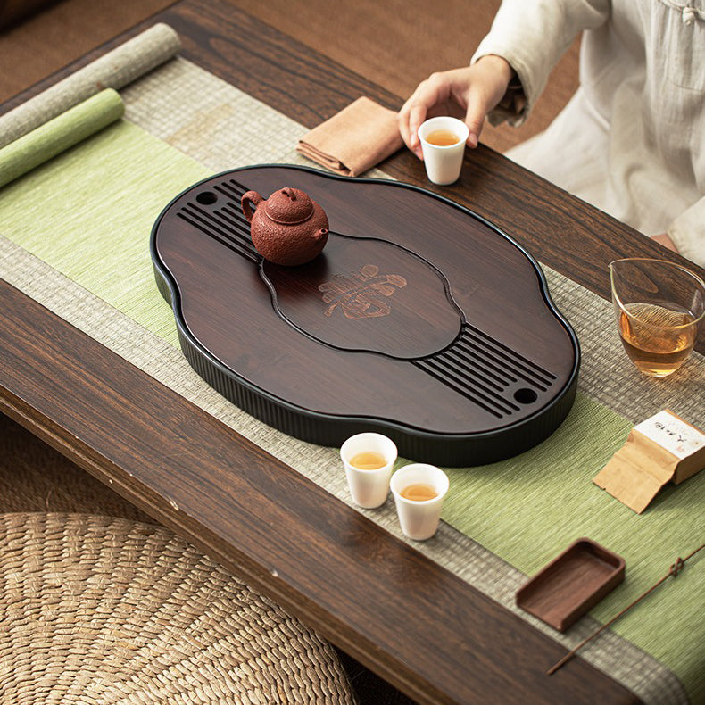 Bamboo Tea Tray Gongfu Drainage Fortune Carved Walnut 37cm
