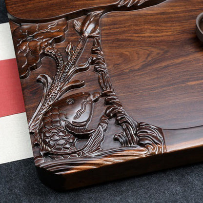 Wooden Tea Tray – Hand-Carved Goldfish Solid Wood Tea Board | Gongfu Tea Table with Drainage, 4 Sizes