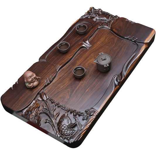 Wooden Tea Tray – Hand-Carved Goldfish Solid Wood Tea Board | Gongfu Tea Table with Drainage, 4 Sizes
