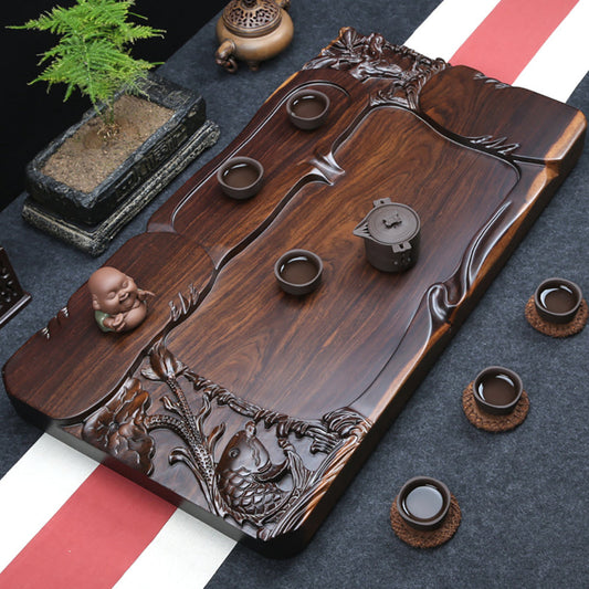 Wooden Tea Tray – Hand-Carved Goldfish Solid Wood Tea Board | Gongfu Tea Table with Drainage, 4 Sizes