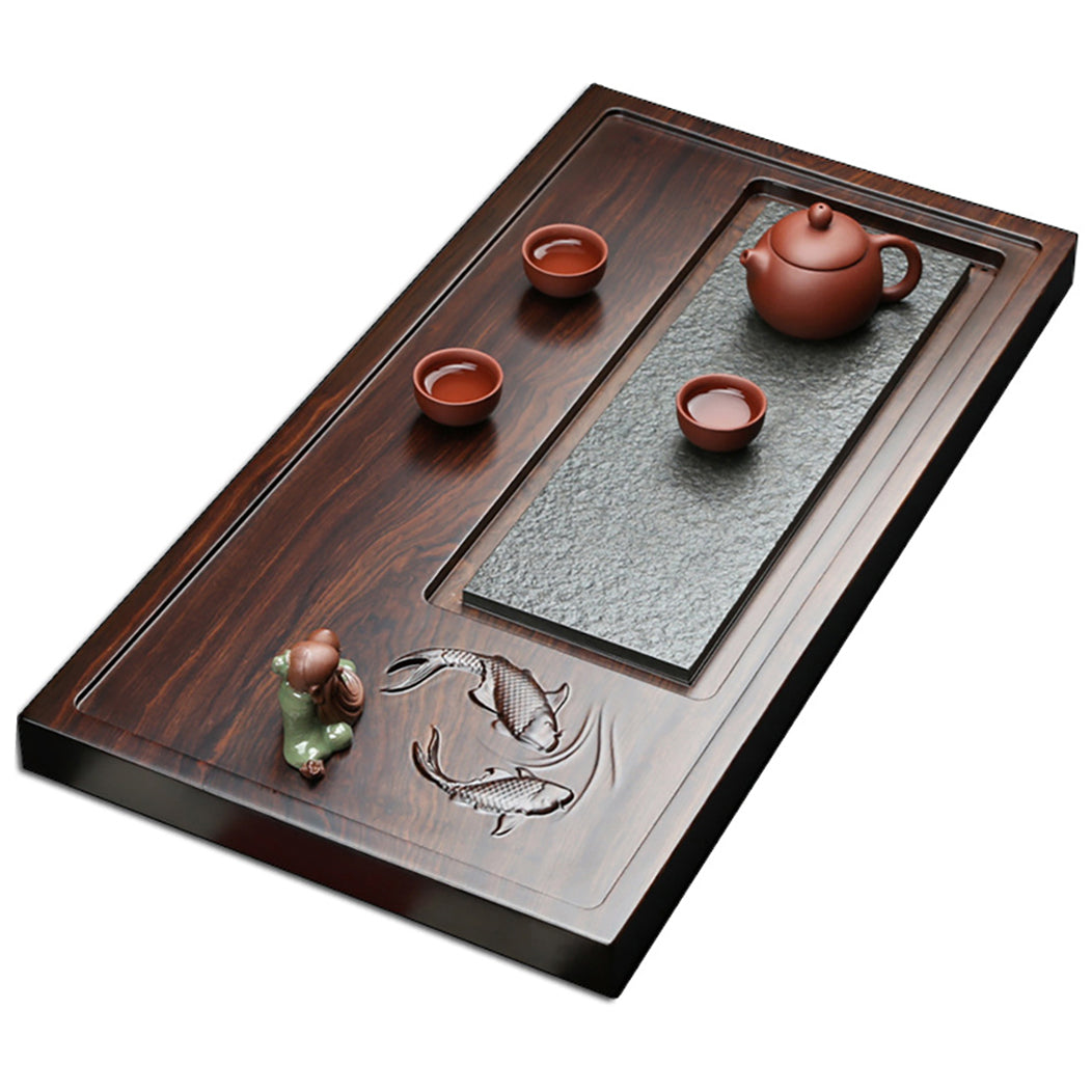 Tea Tray Stone Wood | Goldfish Carved Minimalist Gongfu