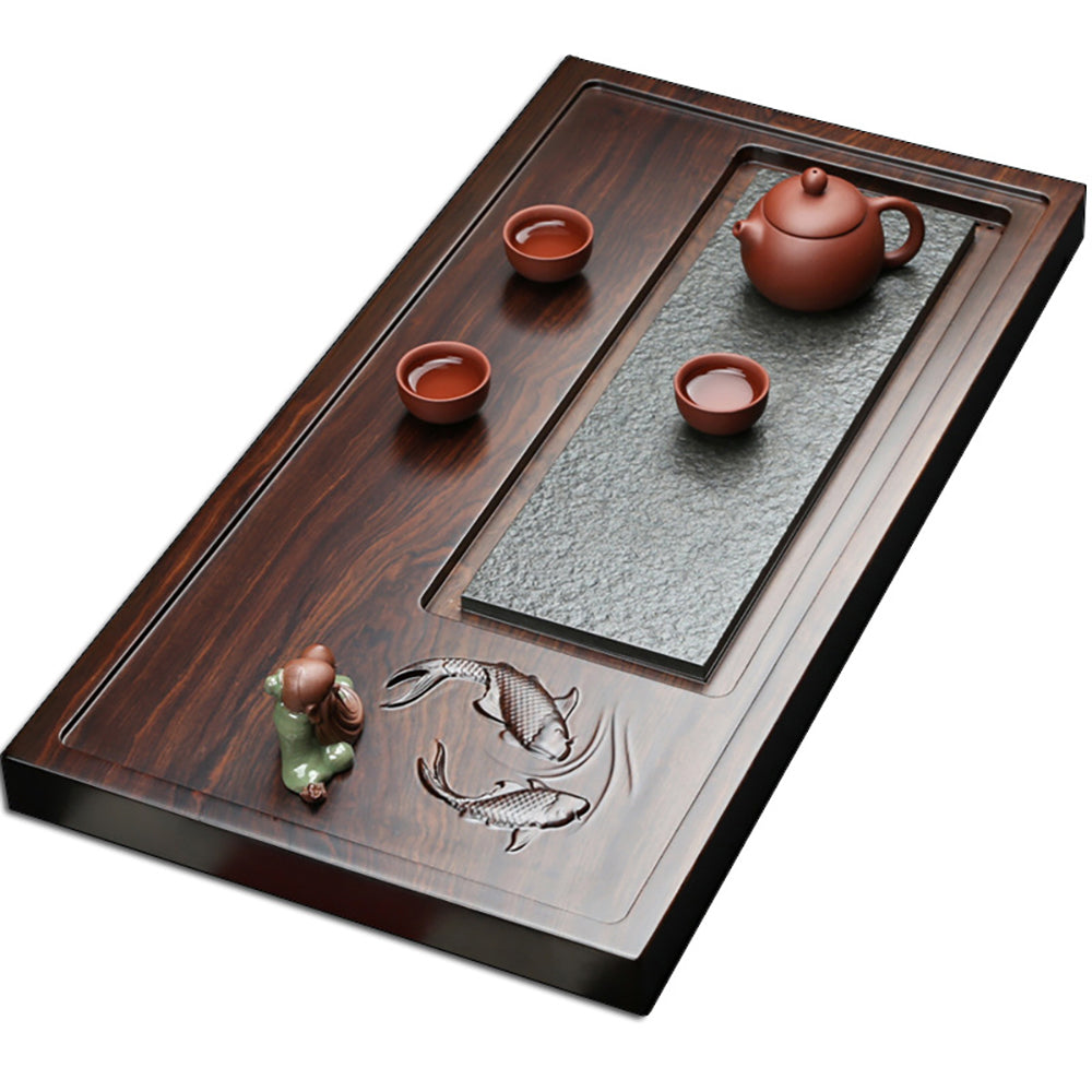 Tea Tray Stone Wood | Goldfish Carved Minimalist Gongfu